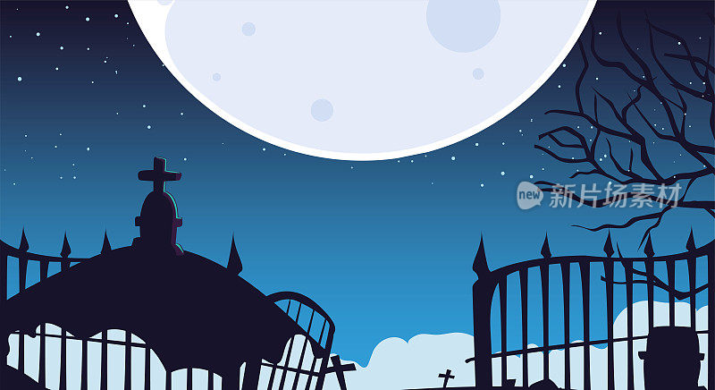 halloween background with spooky graveyard at night